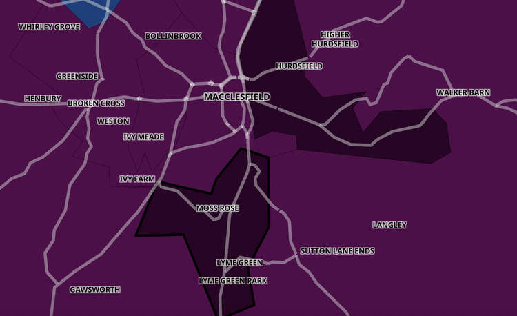 Areas in dark purple currently have over 800 cases per 100,000 people AKA the most COVID cases. These include Macclesfield South & Lyme Green and Macclesfield East & Hurdsfield.