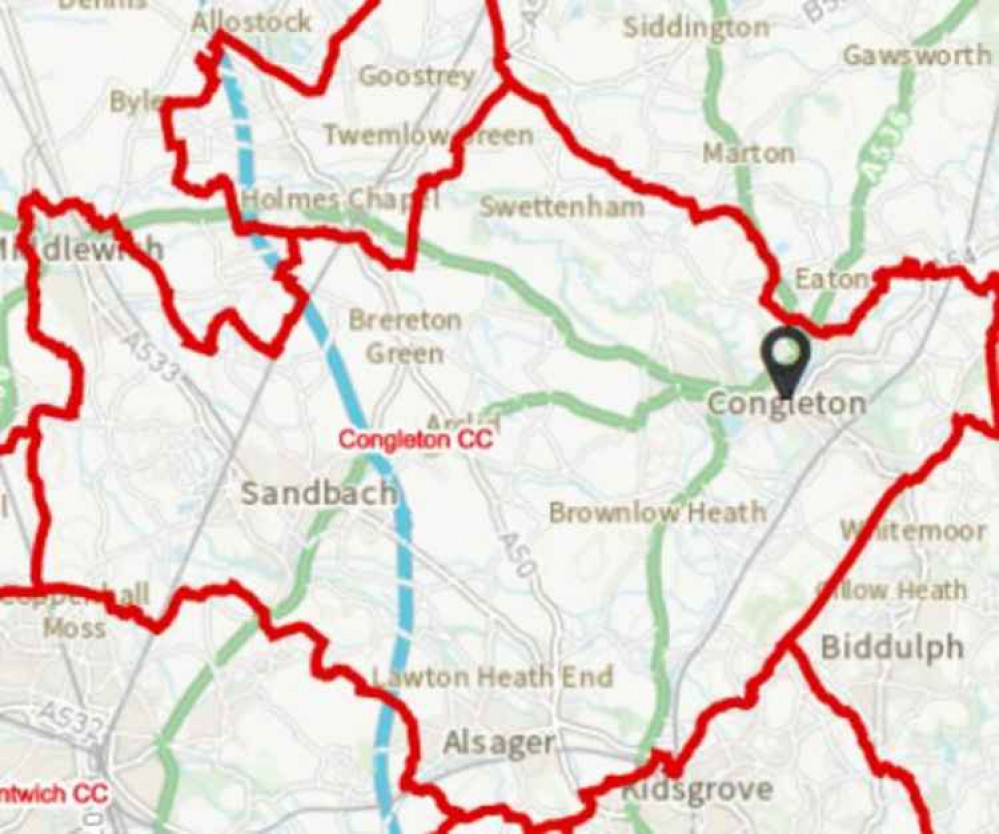 The red line denotes the proposals for 2023. There could be changes to the constituency map for Congleton. (Image - bcereviews.co.uk)