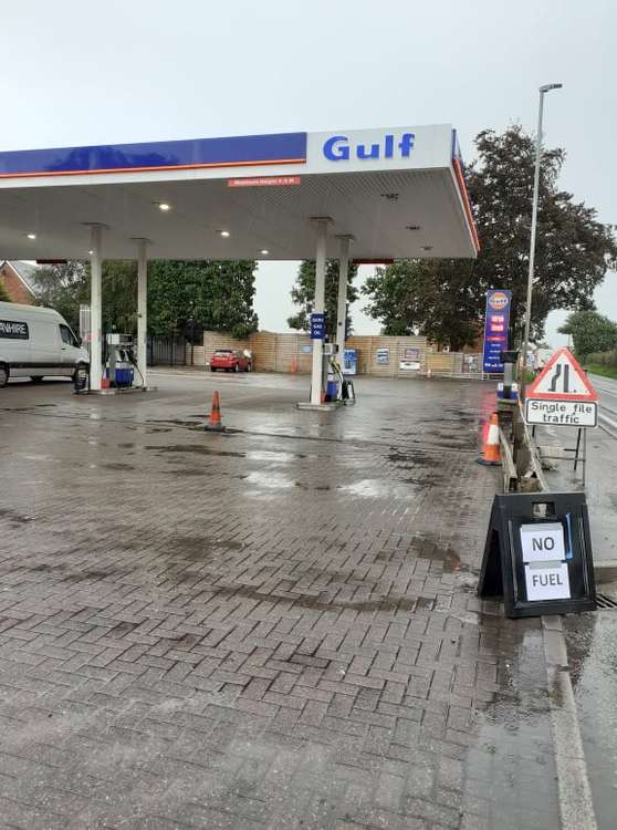 "No Fuel" sign on the empty forecourt at Arclid garage