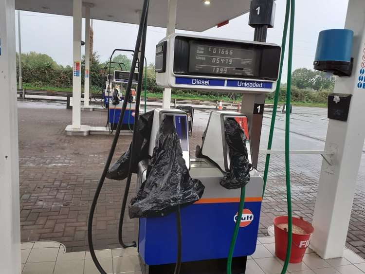 Bags covering petrol pumps at Arclid