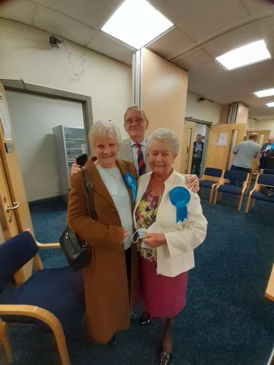 Town ward's Ann Nevitt (far left) with supporters at last night's count