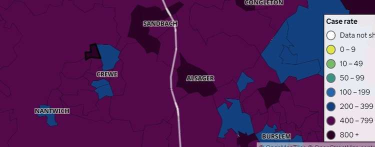 Covid rates (shaded black) are highest in parts of Sandbach, Alsager and Leighton .