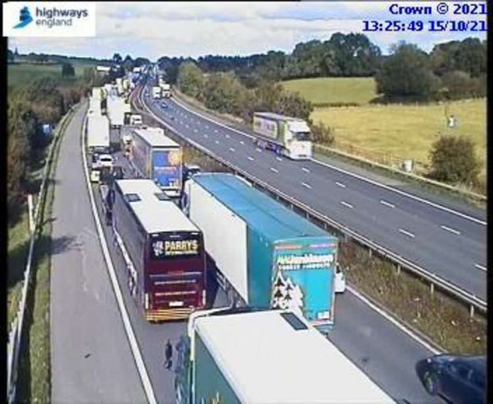 (Photo: Highways England)  Queues built on the M6 after the collision between junction 16 and 17.