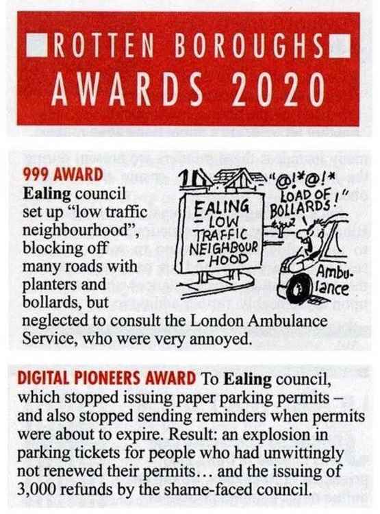 The two awards related to the LTN saga and the parking permits fiasco. Image Credit: Private Eye