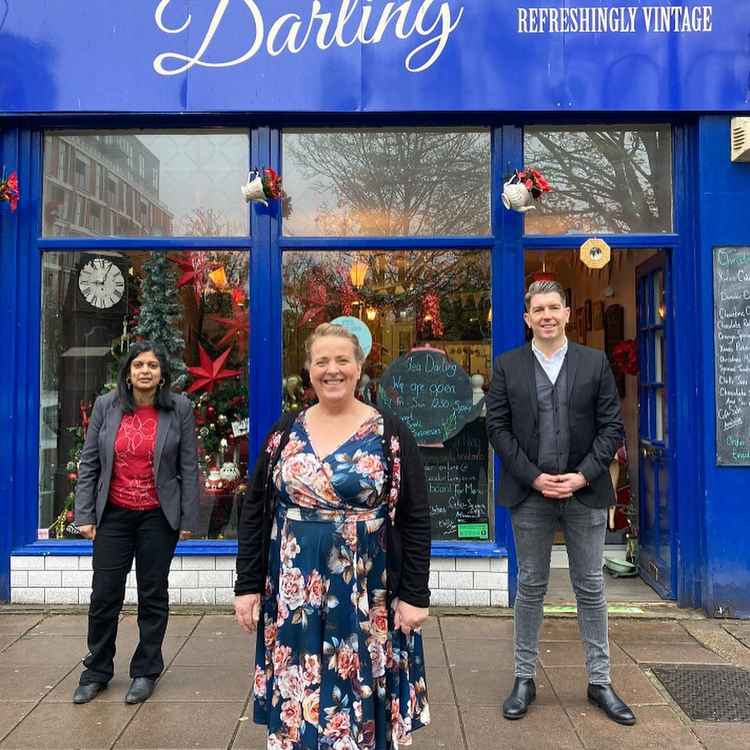 Tea Darling owner Pamela Redrup, with Ealing Central and Acton MP Rupa Huq outside Tea Darling