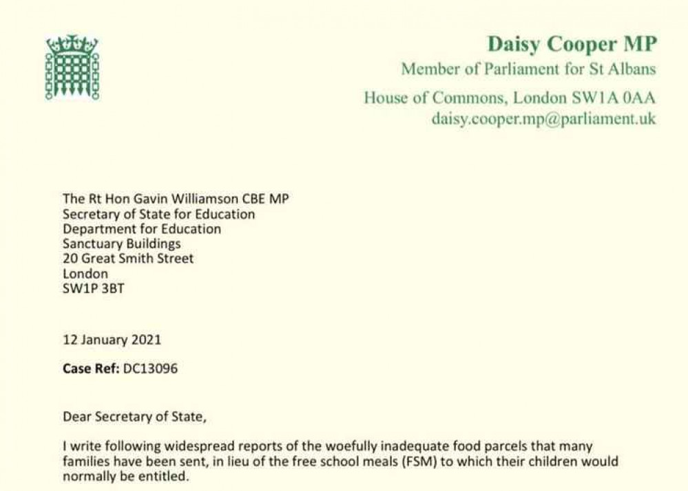 Daisy Cooper MP's #FreeSchoolMeals letter to the Government asking about the half-empty food parcels