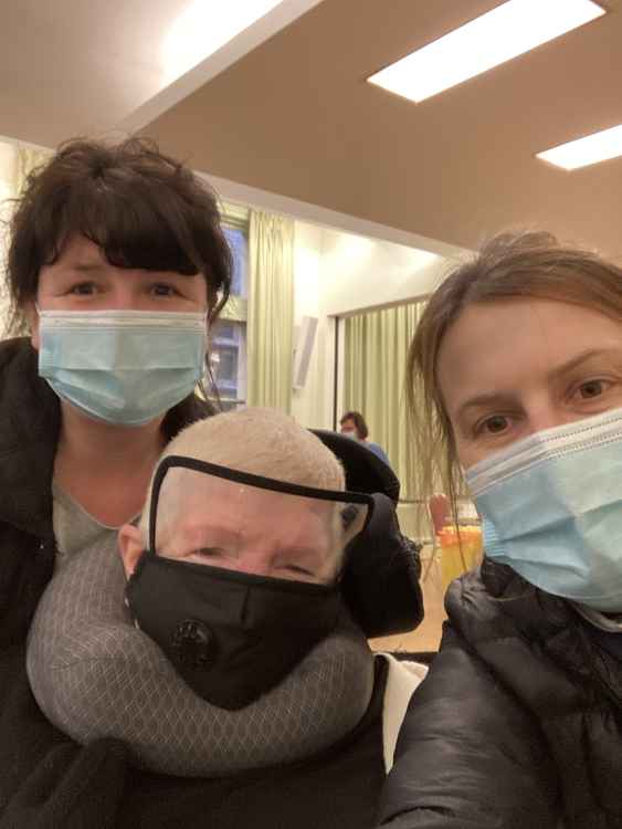 Pam (centre) with Kate and Dana at Ealing Town Hall for her vaccination. Image Credit: Pam Franklin