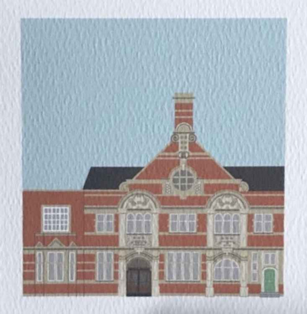 Illustrated card of the old library in Acton. Image Credit: Charlotte Berridge