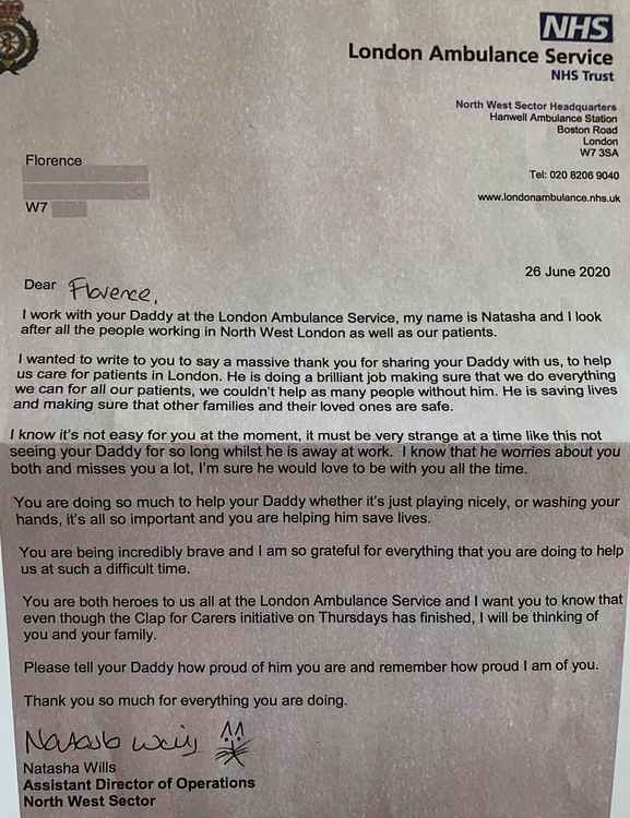 A tear-jerking letter written by the Ambulance Service to young Florence, thanking her for 'sharing' her dad with the NHS