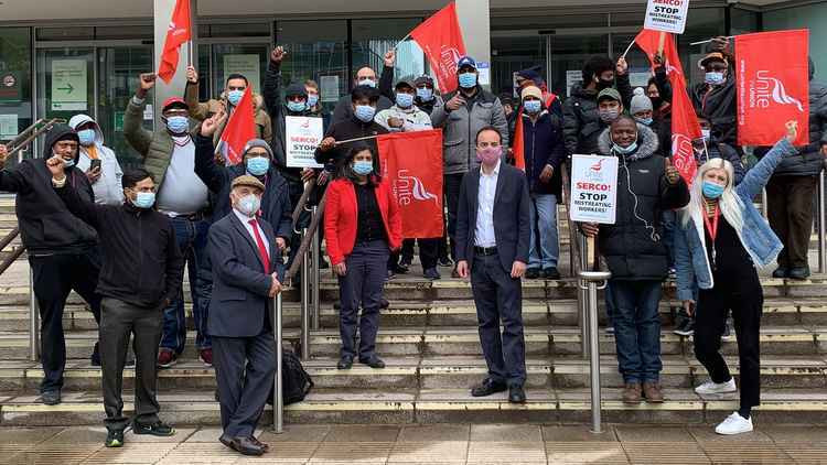 The three Ealing MPs joined protests outside Ealing Town Hall alongside Serco employees last month. Image Credit: James Murray Twitter