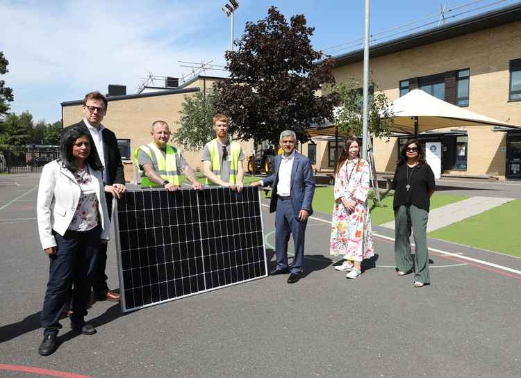 Sadiq Khan, Rupa Huq and Peter Mason visited West Acton Primary School yesterday where a large solar PV array was being installed. Image Credit: Ealing Council