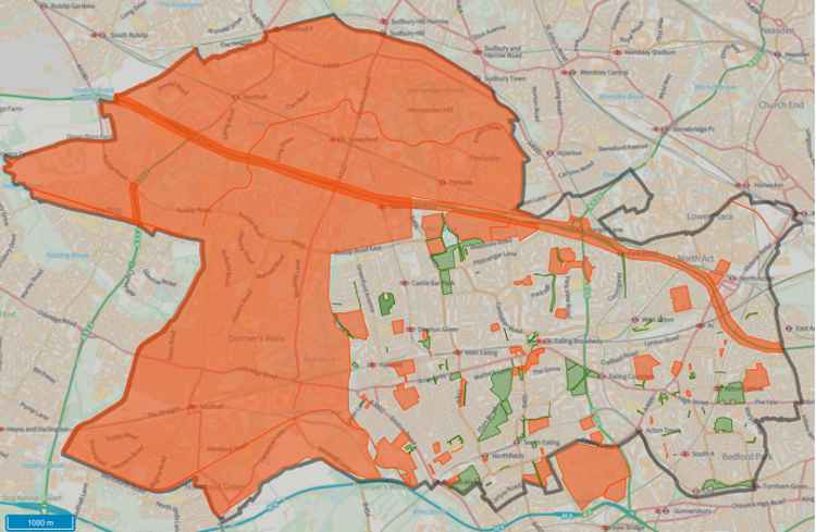 The scooters will automatically stop working if they are driven into areas not included in the trial - shown in orange. Image Credit: Ealing Council