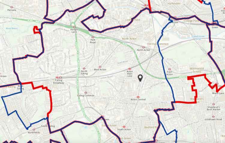 A map of the prospective changes for Ealing Central and Acton - red is the proposed boundary, blue is the current one