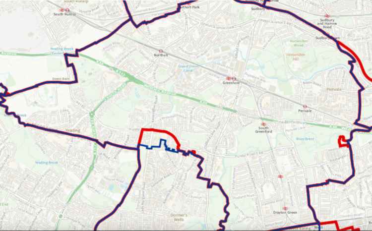 A map of the prospective changes for Ealing North - red is the proposed boundary, blue is the current one