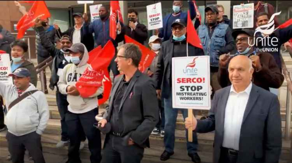 Serco employees protesting outside Perceval House joined by Virendra Sharma. Image Credit: Unite the Union