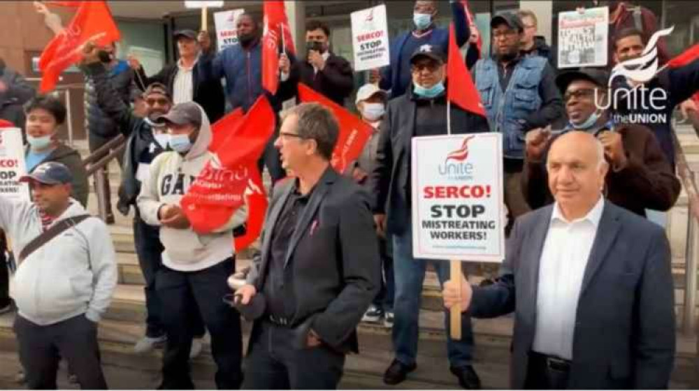 Serco employees protesting outside Perceval House joined by Virendra Sharma MP. Image Credit: Unite the Union