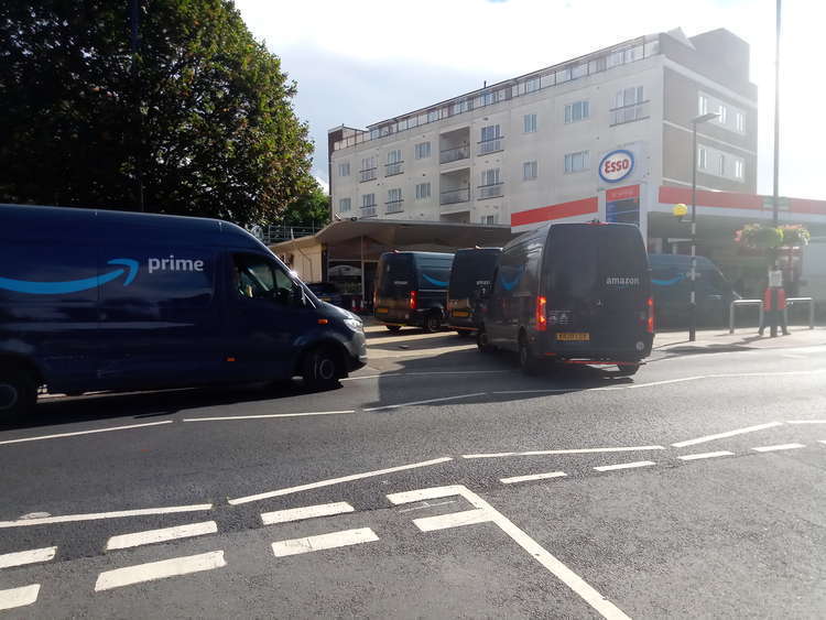 Amazon Drivers queuing for fuel, South Ealing. (Image: Marc Yonder)