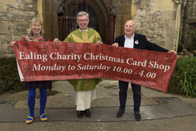 Opening day - Sue Green, founder, Ealing Charity Christmas Card Shop; Father Richard Collins, Vicar of Parish Church of Christ the Saviour; and Stephen Pound retired MP, Ealing North and a long-time supporter of the Shop. (Image: ECCCS)