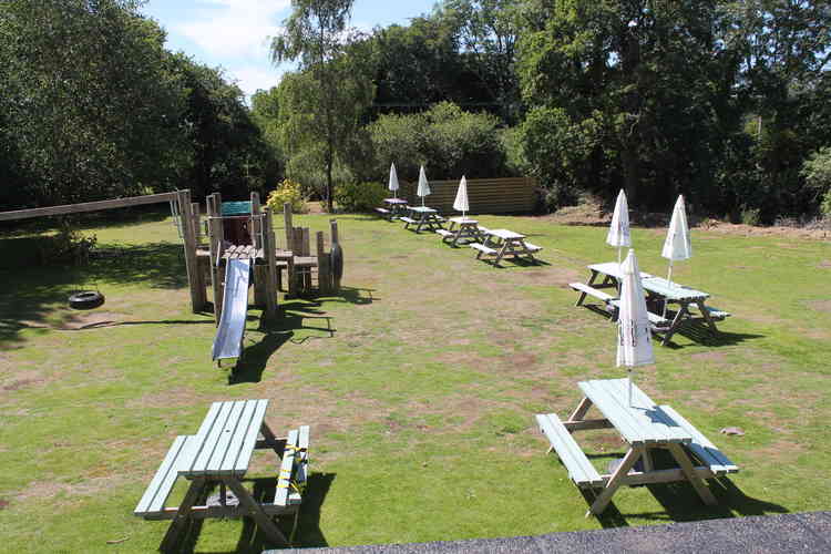 The extensive beer garden at the Hunters Lodge Inn