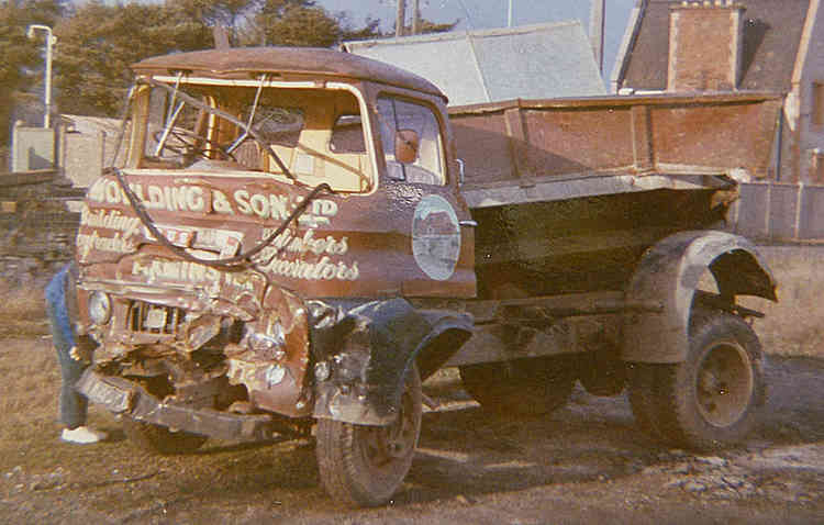 Moulding's lorry after being hit by a runaway vehicle in Axminster