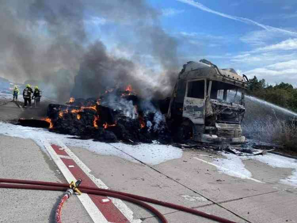 The lorry fire blocked the A303 near Ilminster all afternoon (photo courtesy of Devon and Somerset Fire & Rescue Service)