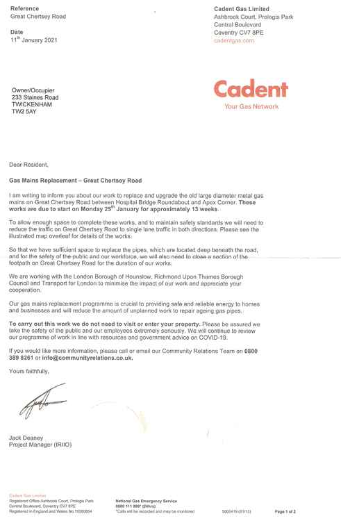 Letter from Cadent project manager Jack Deaney