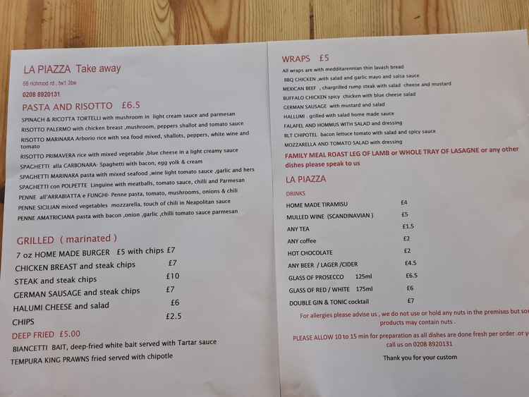 La Piazza takeaway menu