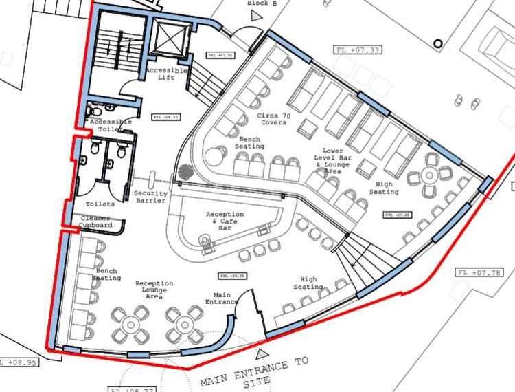 Ground floor layout of entrance, reception and cafe