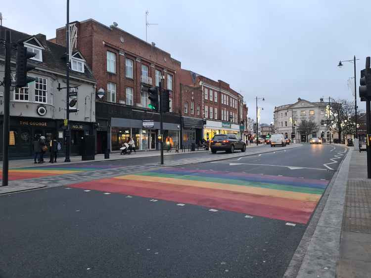 The rainbow crossing in Twickenham town centre