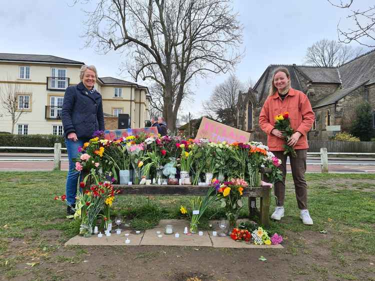 Mother and daughter Karen and Lucy Mackay at the floral tribute