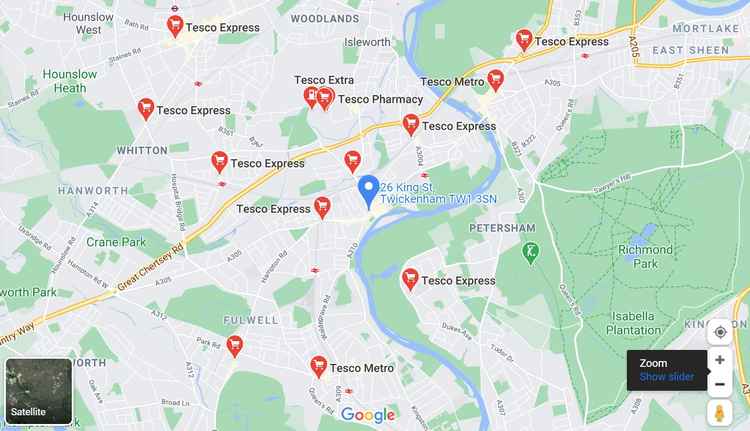 Map showing the proposed site on King Street and other Tesco stores nearby (Created on Google maps)