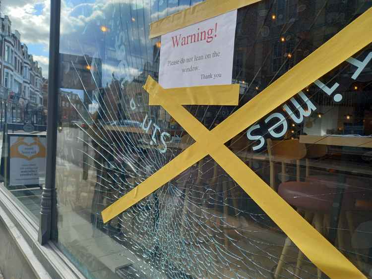 Smashed window at Pizza Express on York St