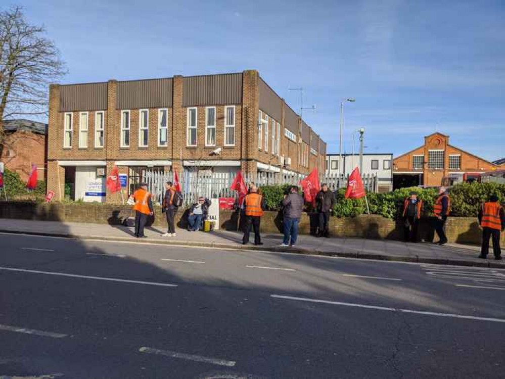 Drivers on strike at Fulwell Bus Garage in February (picture: Jack Fifield)