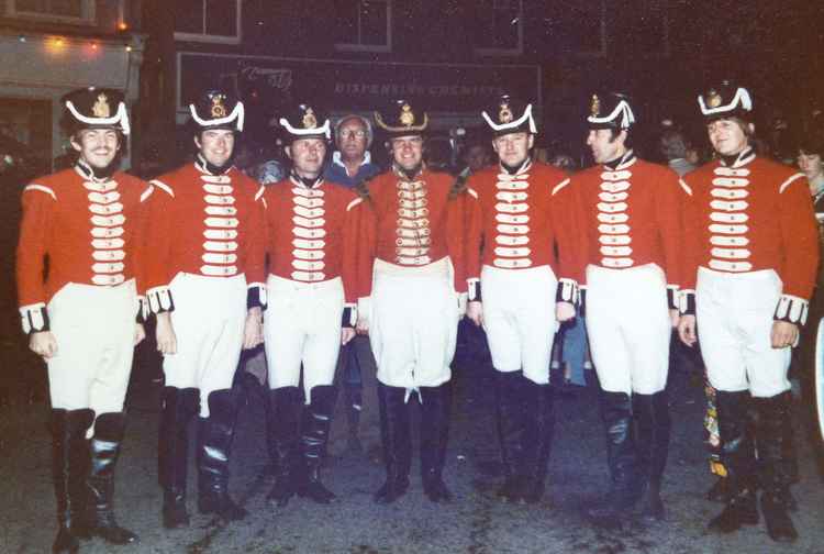 The carnival procession marshals dressed as hussars - before they disappeared into the Axminster Inn!