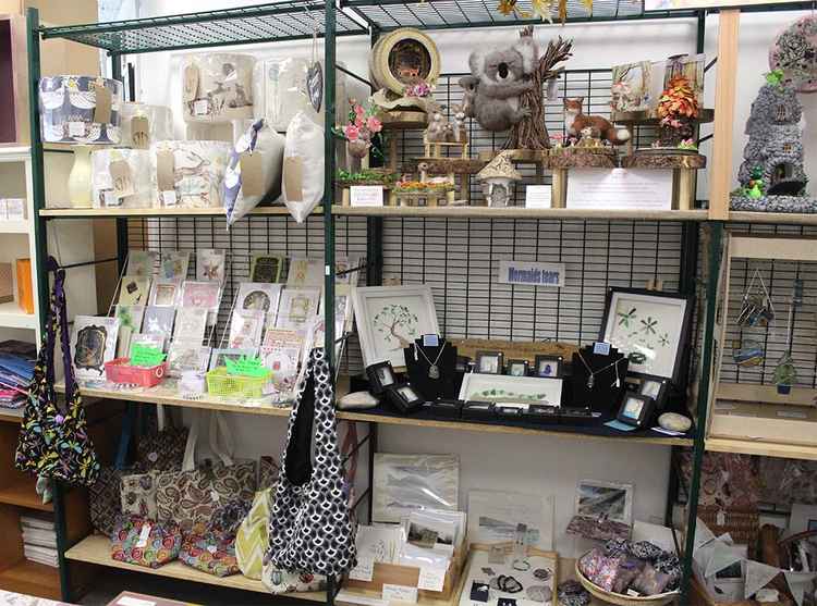 A wide variety of local artwork and crafts are on display in the 'rent-a-shelf' section of the shop