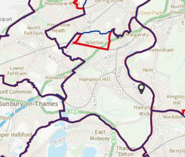 Twickenham's current boundaries (in purple/blue) and the proposed changes (in red) / Boundary Commission for England