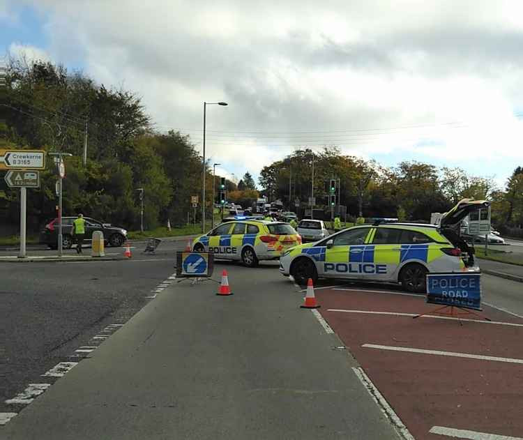 The A35 is closed following a collision in the Raymonds Hill area (photo by Jordan Lang)