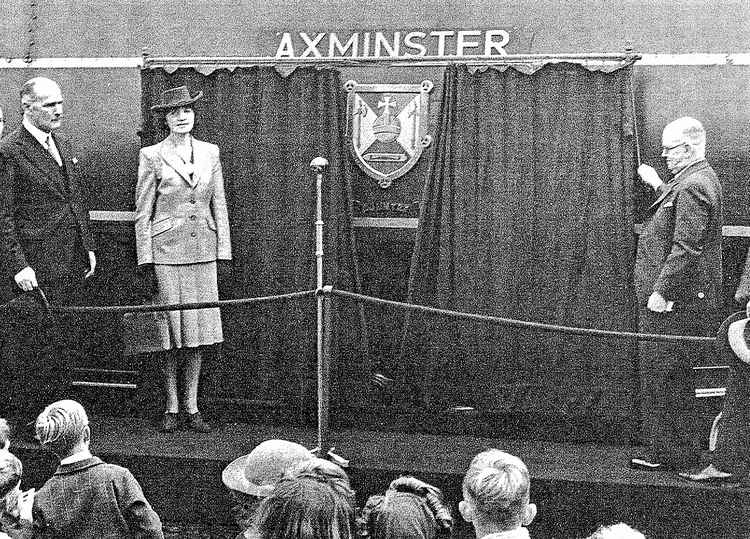 The West Country Class steam train 'Axminster' being named 1946