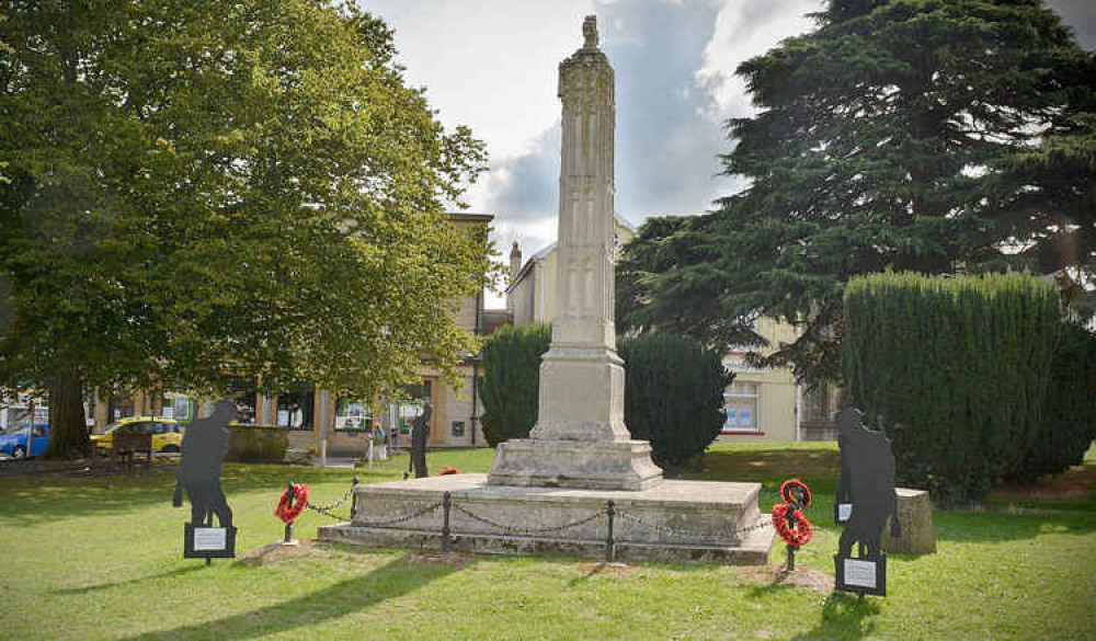 The Axminster War memorial where 26 wreaths will be placed when the remembrance service will be held on The Minster Green on Wednesday