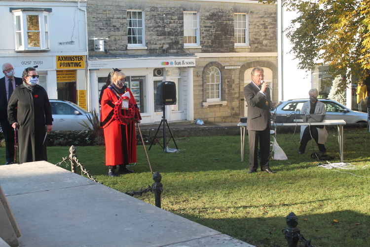 Marvyn Symes, chairman of the Axminster branch of the Royal British Legion, welcomes representatives of the local organisations, including the Mayor of Axminster, Cllr Annie Young