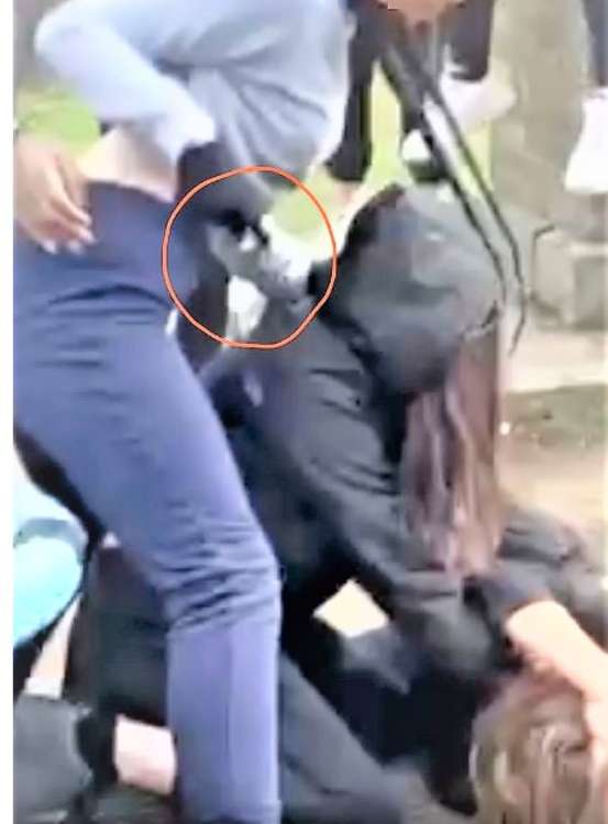 Victim cowers on ground as she is attacked.