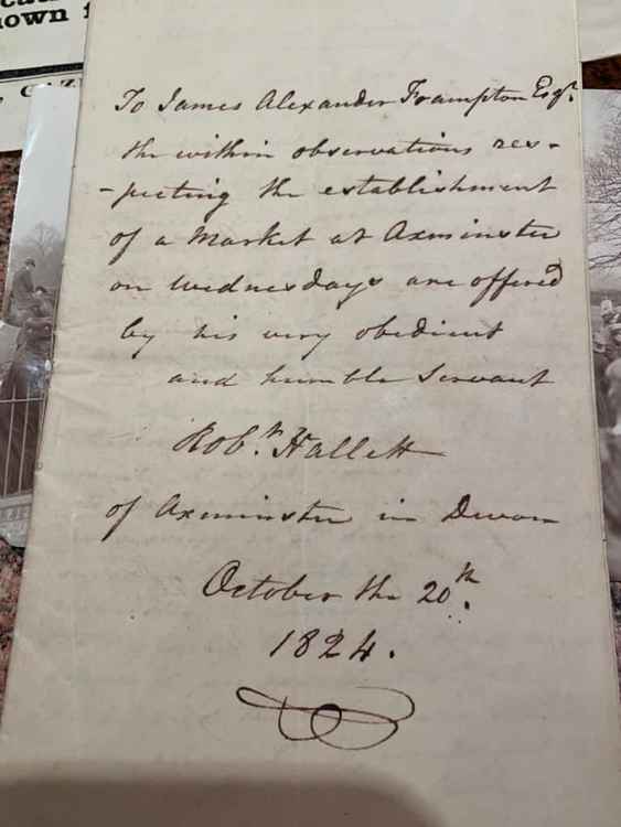 The cover sheet of the document referring to the creation of a new market in Axminster in 1824