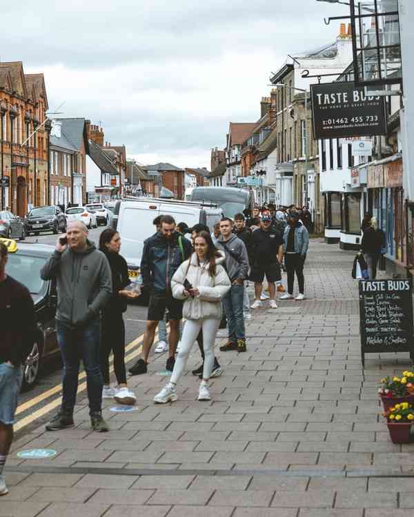 People queuing for Chicken George in Hitchin