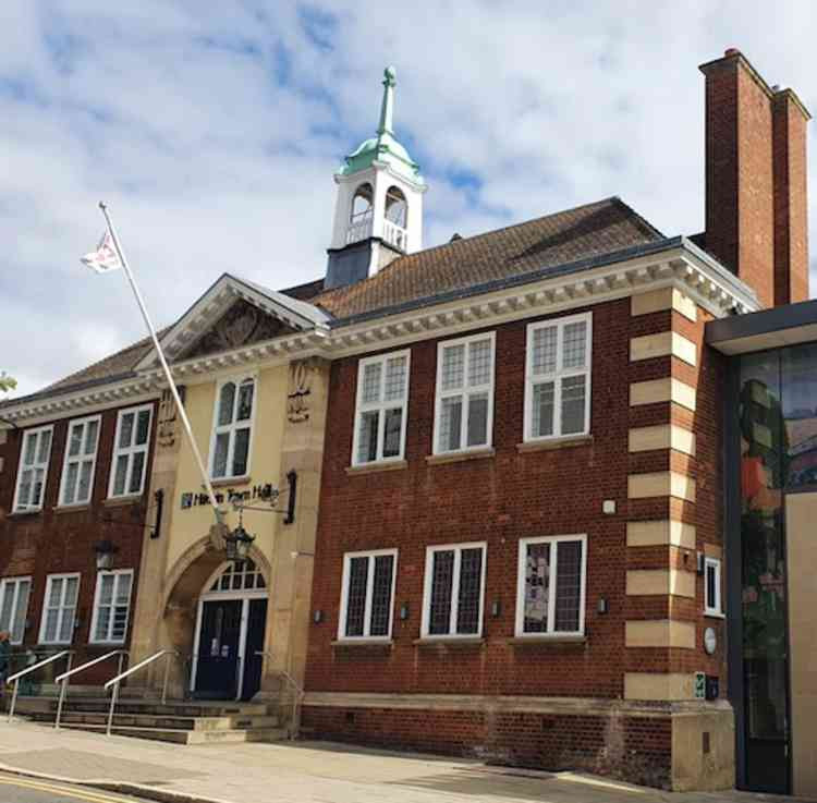 More than £2.6m of government emergency coronavirus grants are still to be claimed by businesses in north Herts including Hitchin. PICTURE: Hitchin Town Hall. CREDIT: Hitchin Nub News instagram