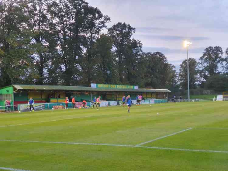 Hitchin Town 5-0 Harpenden: Mark Burke's Canaries fly high as fans return. PICTURE: Top Field prior to kick-off against the Harps. CREDIT: @laytthy29