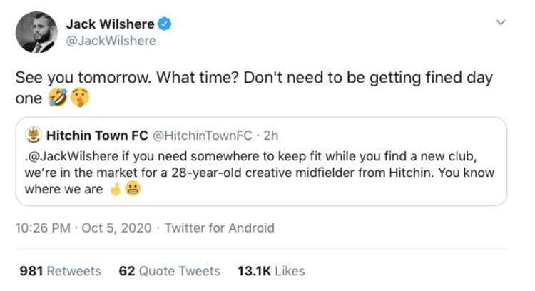 Jack Wilshere's reply to Hitchin Town