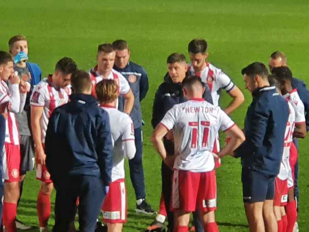 PICTURE: Stevenage boss Alex Revell issues a rallying cry ahead of penalties. CREDIT: @laythy29