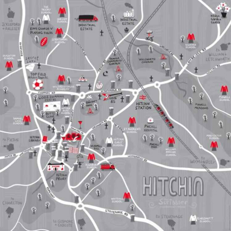 A map of Hitchin. Artwork by Dan the Scribbler