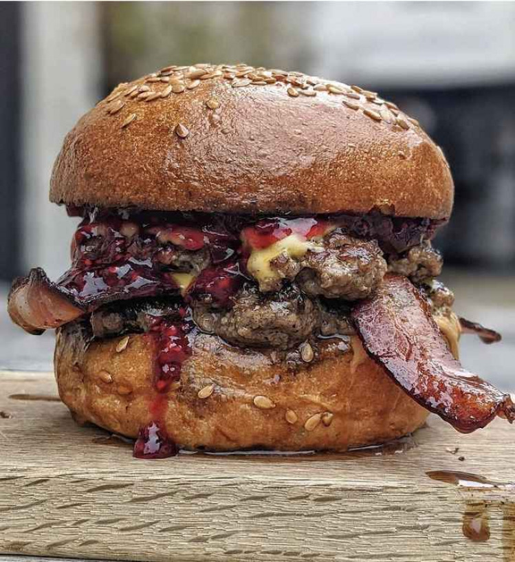 Naughty but nice: The Peanut Butter Jelly burger rocking Hitchin from the guys at Cawsburger! PICTURE: The Peanut Jelly burger. CREDIT: Cawsburger Instagram
