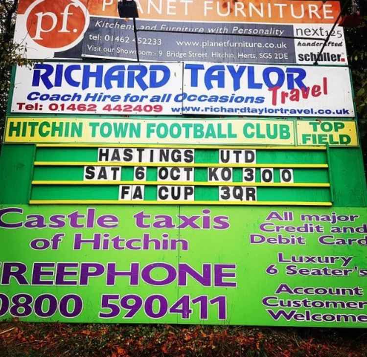 In its prime: Hitchin Town's iconic fixture board during the Canaries run to the FA Cup first round in 2018. CREDIT: @laythy29